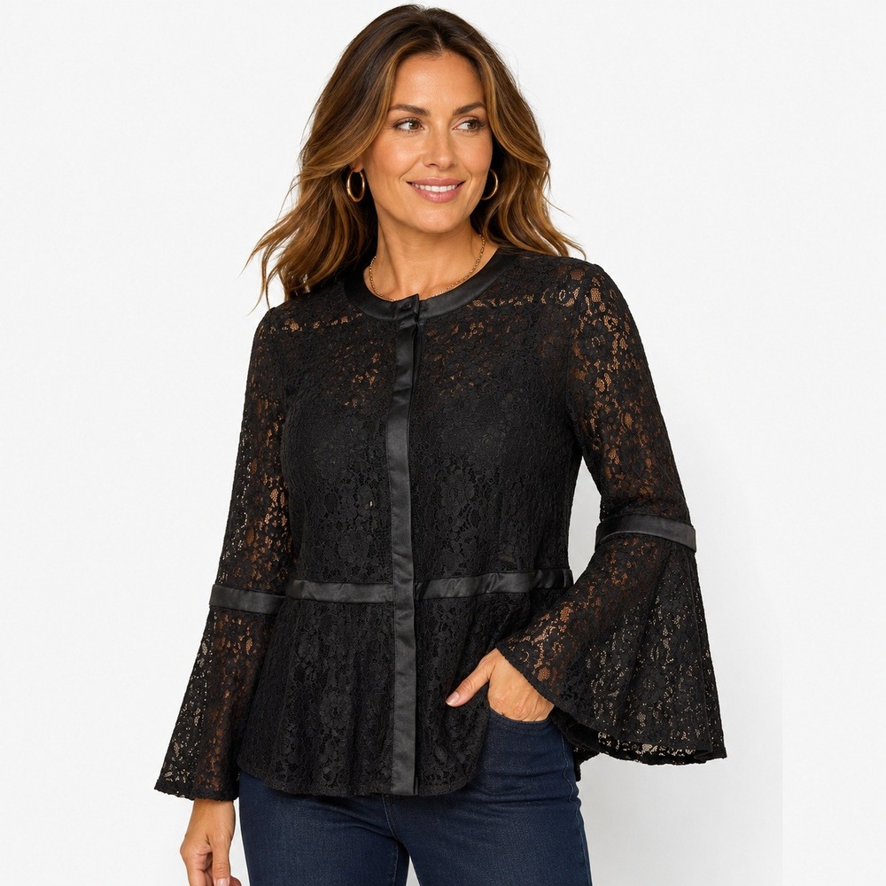 NWT Ashley Stewart Lace Peplum Top Women 18 Black Bell Sleeve Goth Victorian